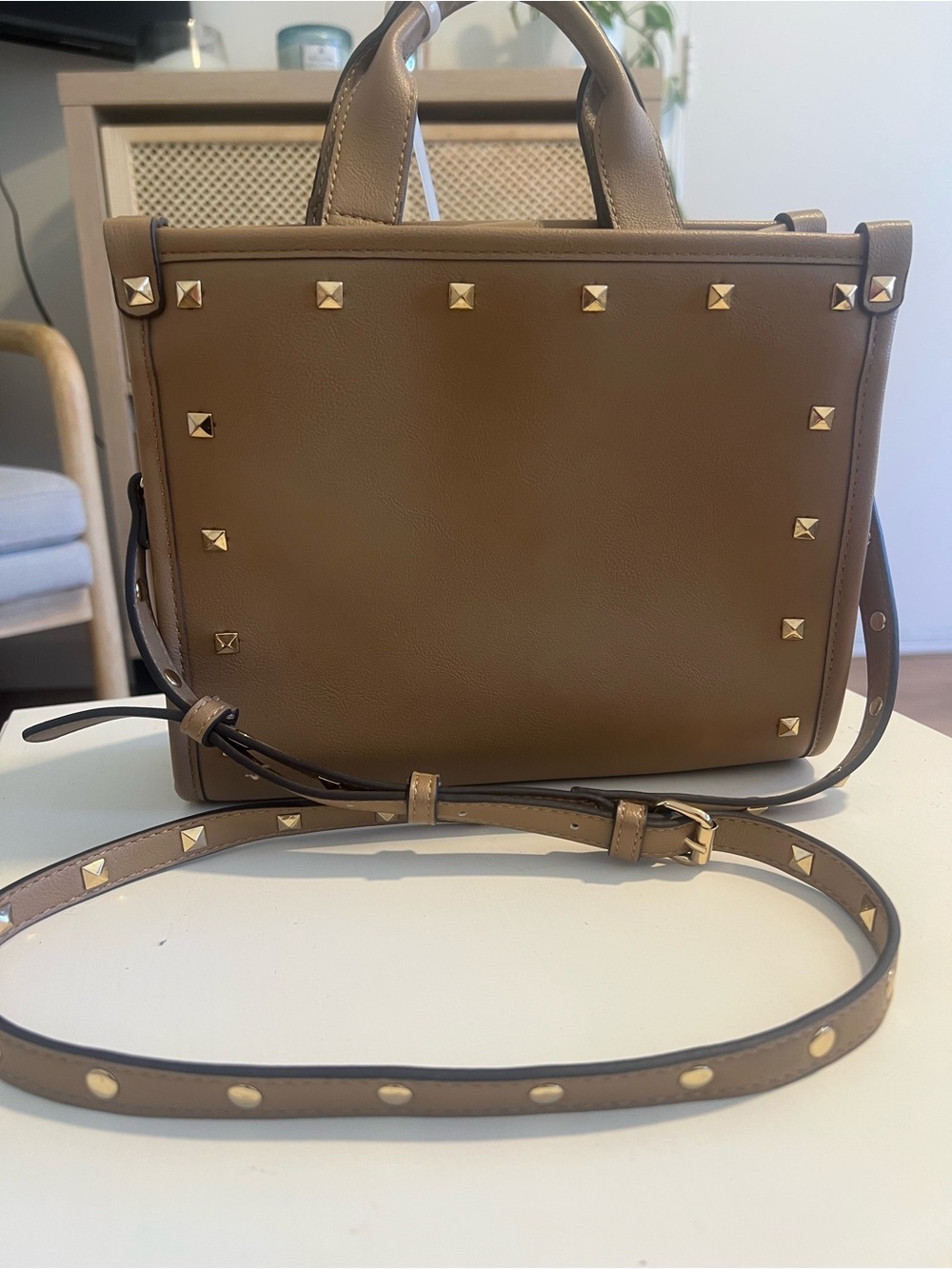Nordstrom- Studded Taupe Leather Crossbody/Top-Handle Satchel
